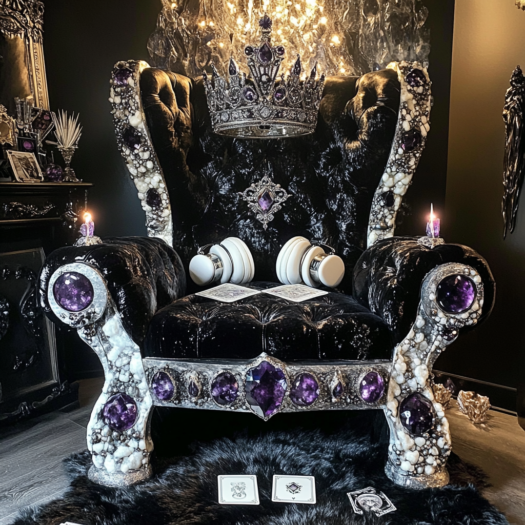 Silver crown with crystals on black throne chair.