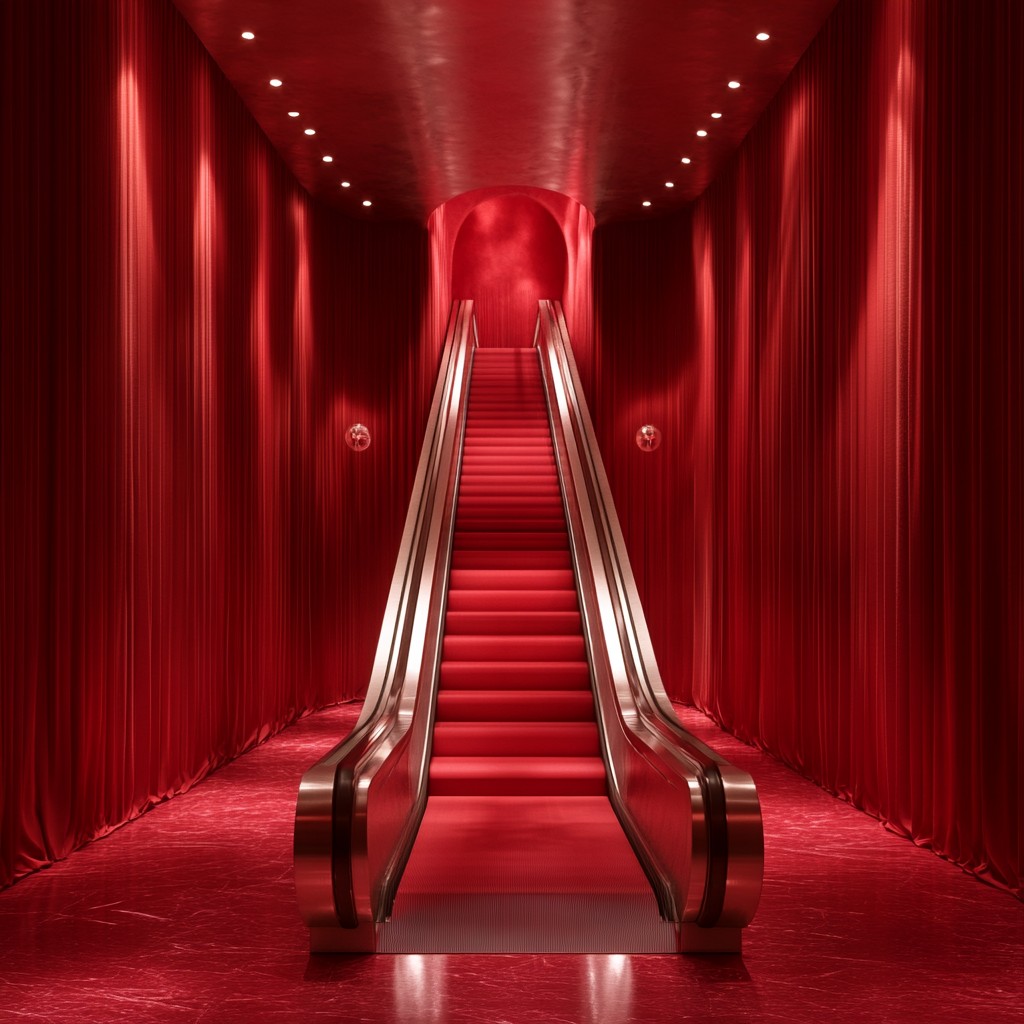 Silver escalator with conveyor belt in luxurious red room