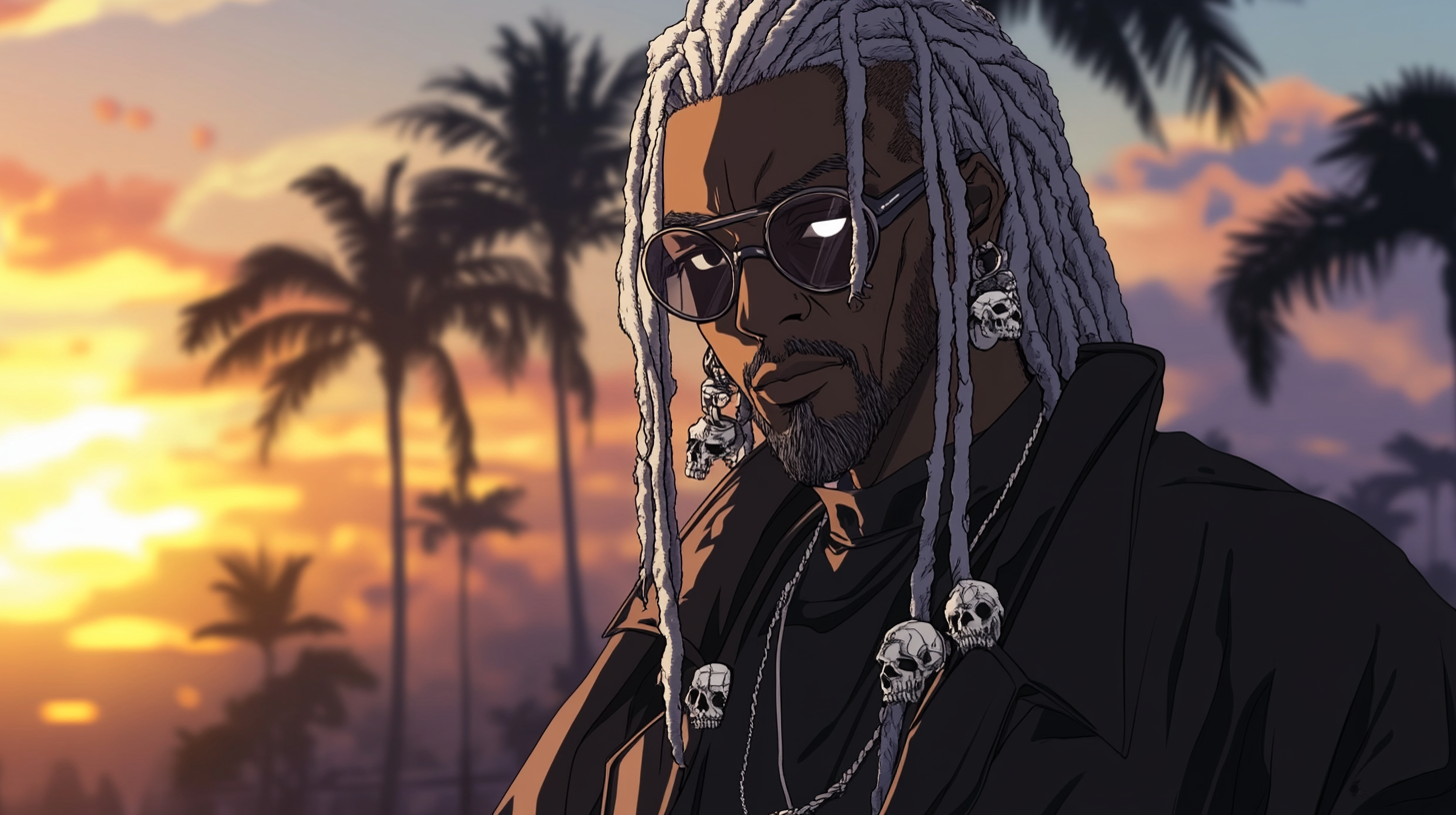 Silver-haired Jamaican hero in anime style, 1980s vibes.