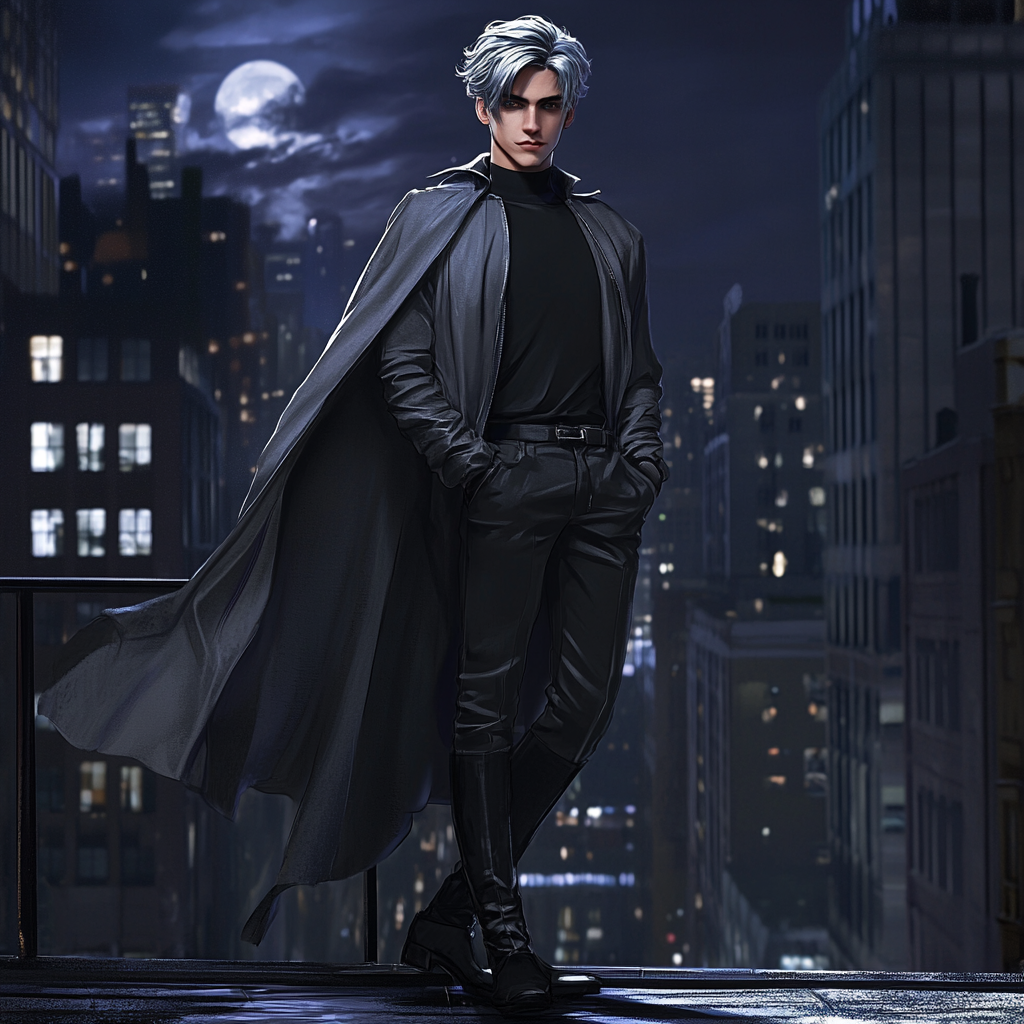 Silver-haired man wearing black ensemble and cape in city.