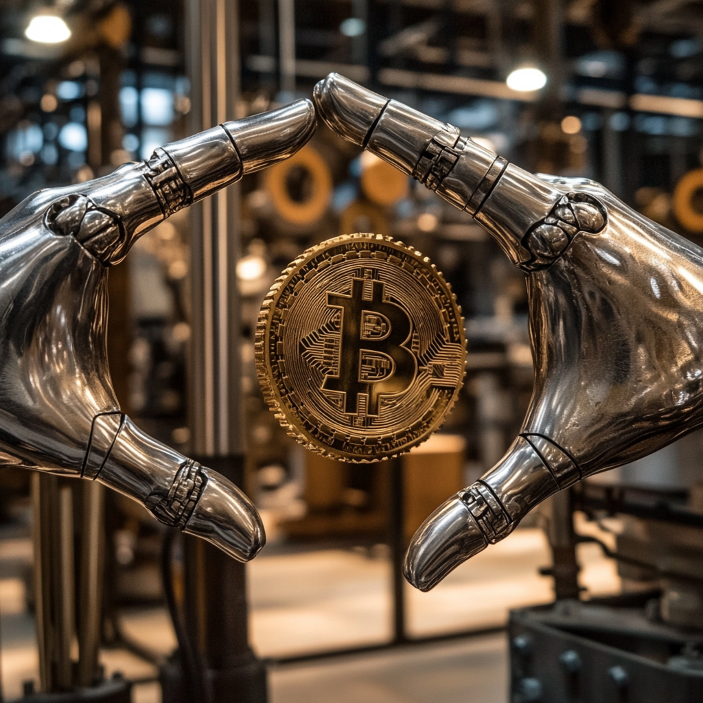 Silver hands hold golden Bitcoin logo, gear symbolizes control.