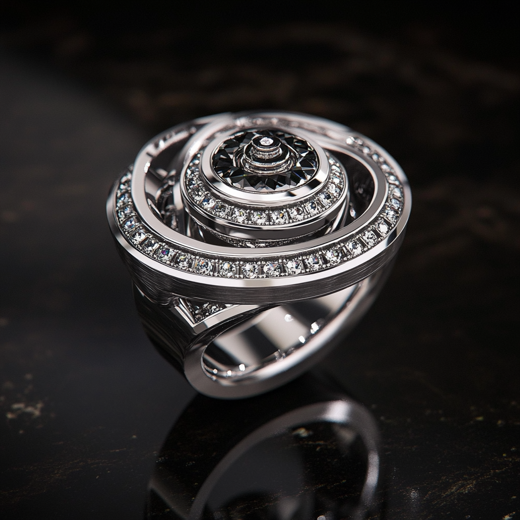 Silver ring with fidget spinner, armillary rings design, platinum jewelry.