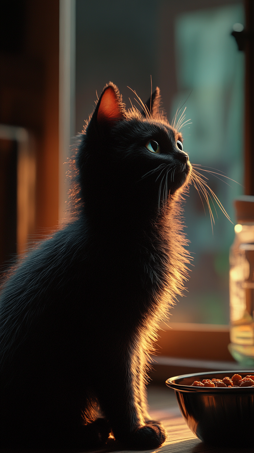 Silver tabby cat looks away from food bowl.