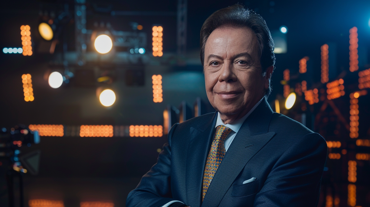 Silvio Santos faz careta brincalhona para a câmera de TV.