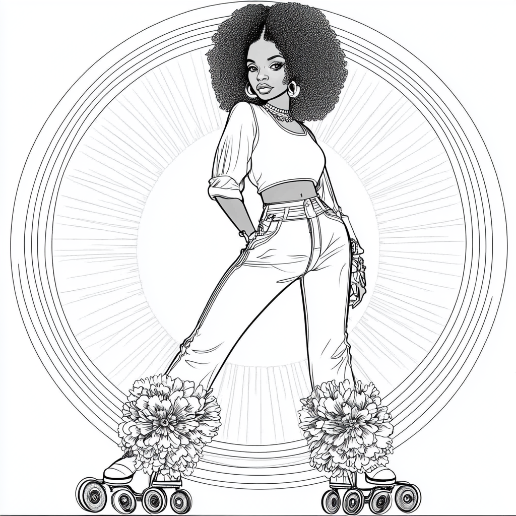 Simple, clean coloring book with African-American woman. Disco theme.