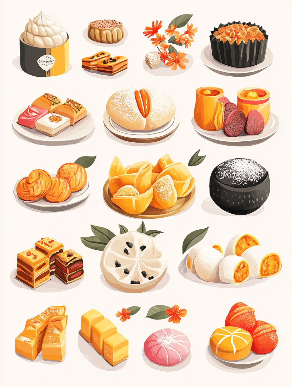 Simple, colorful illustrations of traditional Diwali foods and sweets.