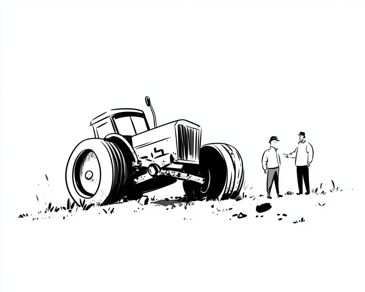 Simple Black and White Child's Drawing of Overturned Tractor