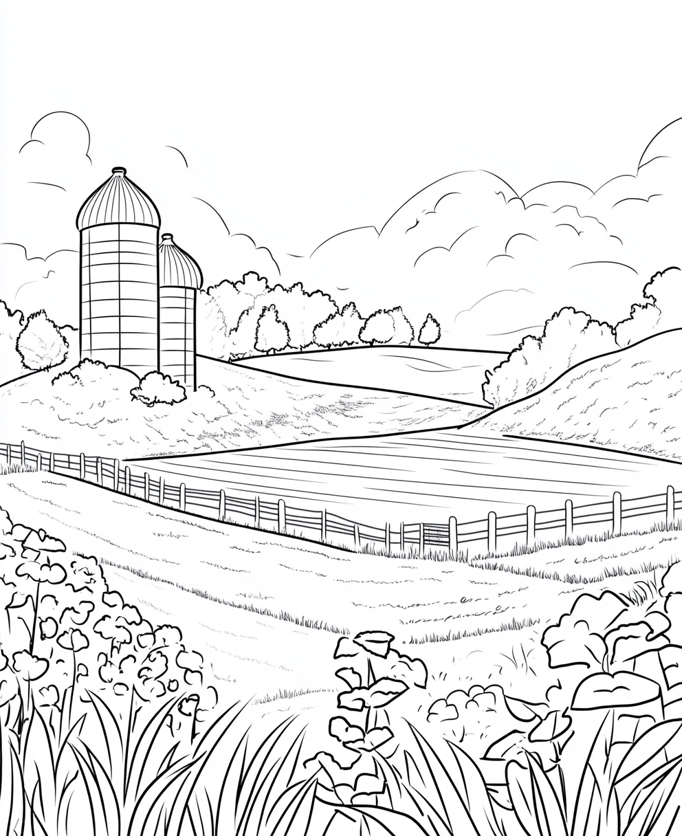 Simple Black and White Farm Coloring Page