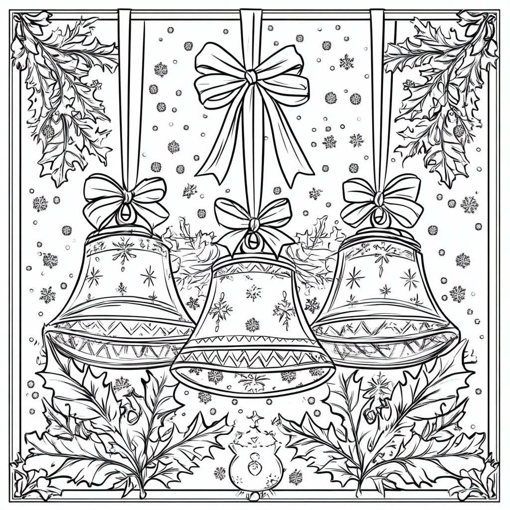 Simple Christmas bells coloring book with holly leaves