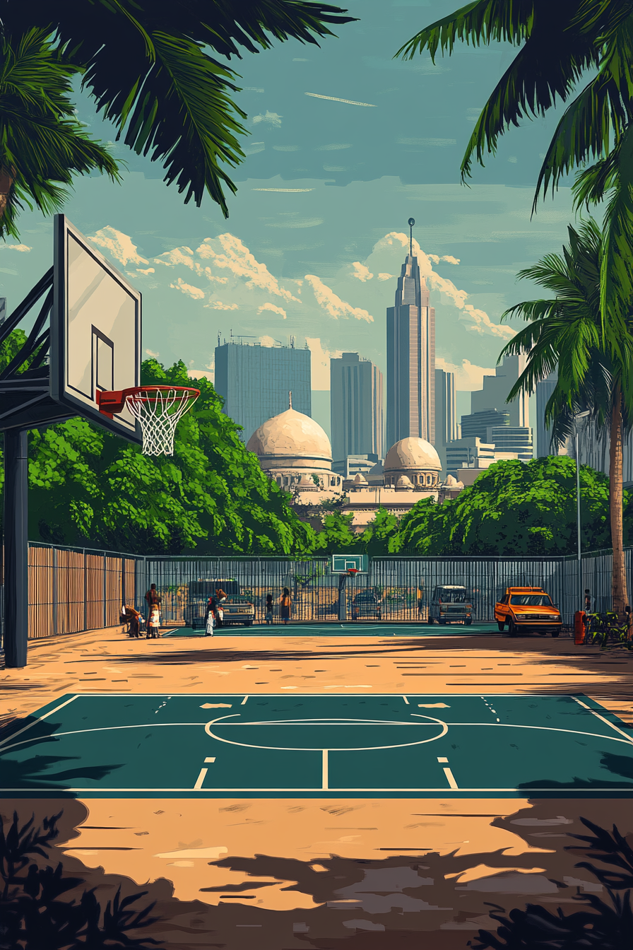 Simple basketball court with Nigerian city life background.