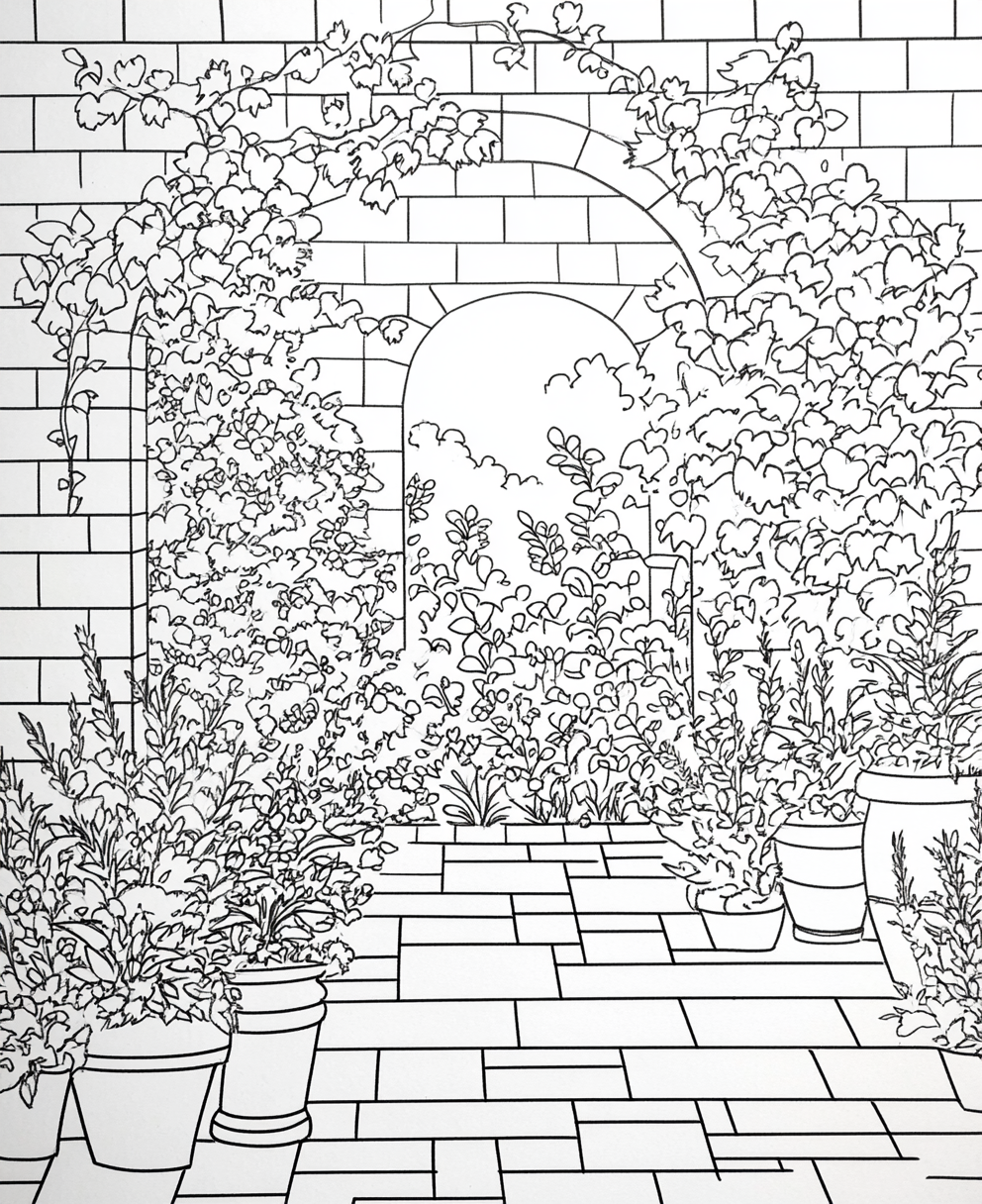 Simple black and white garden coloring page