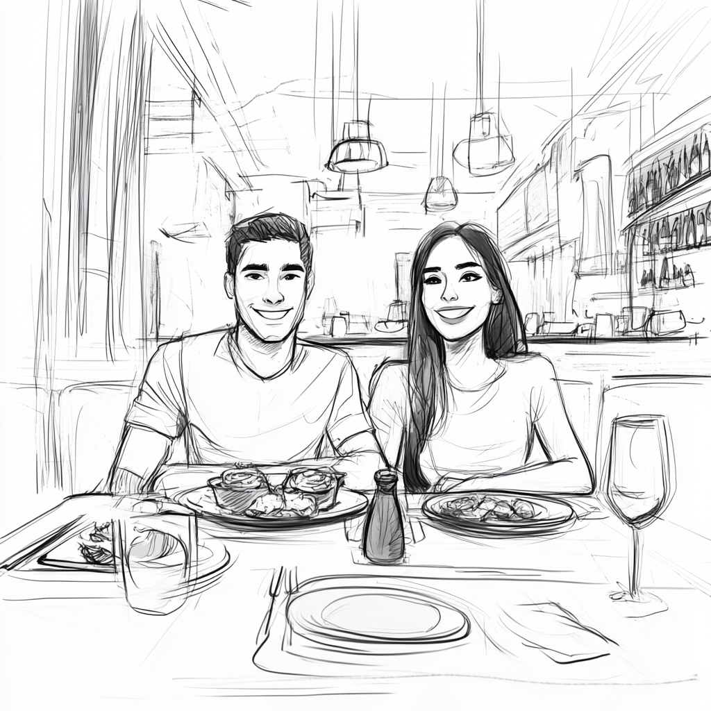 Simple black and white storyboard sketch in restaurant.