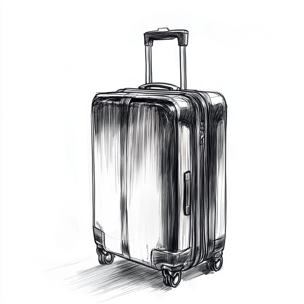 Simple black and white storyboard sketch of suitcase.