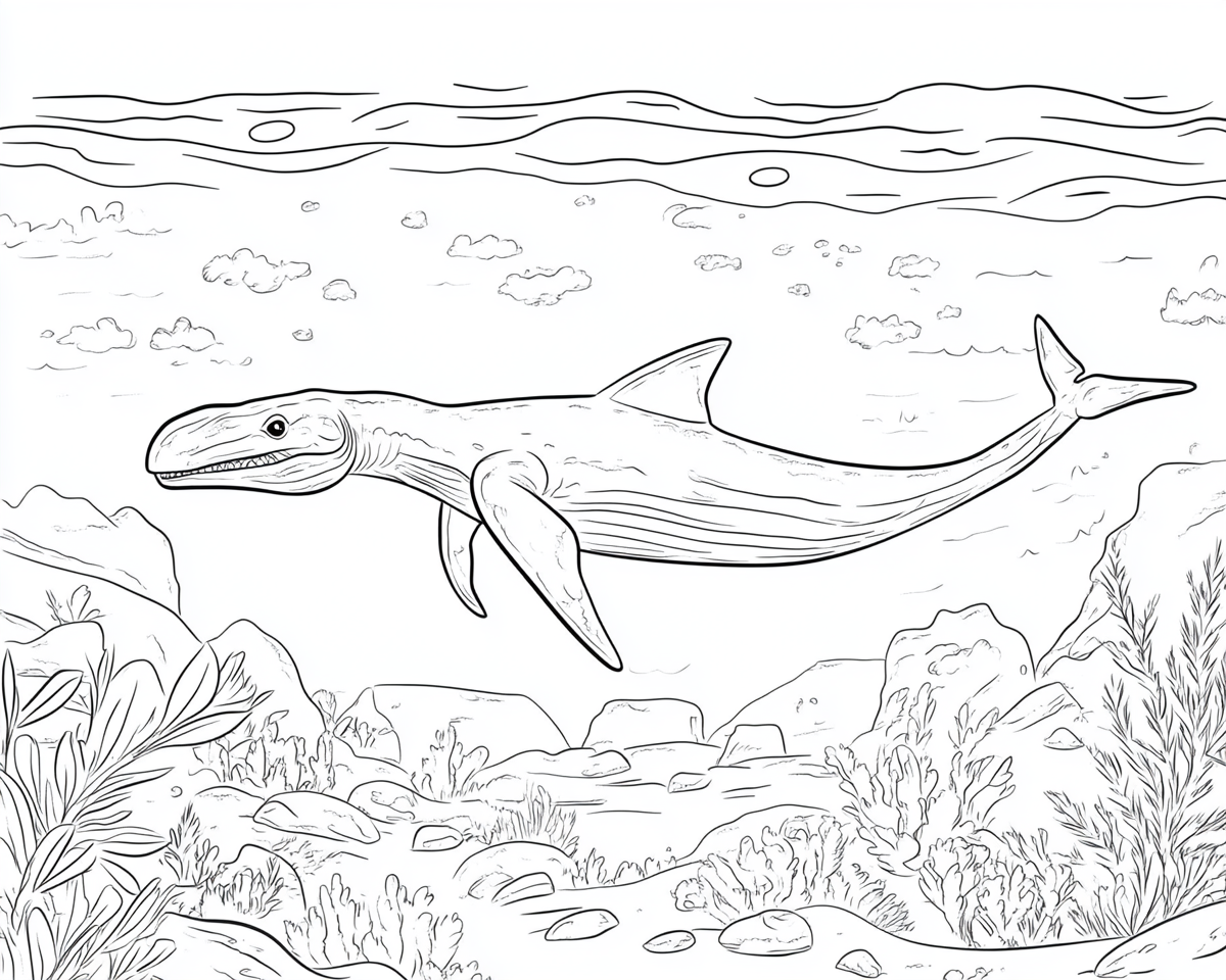 Simple coloring page of an Elasmosaurus dinosaur.