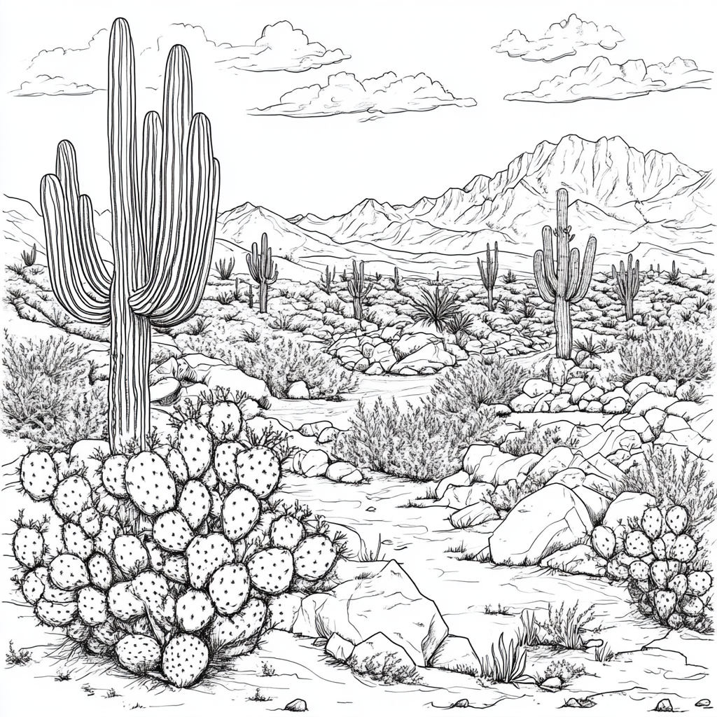 Simple coloring page with cacti and Joshua trees.