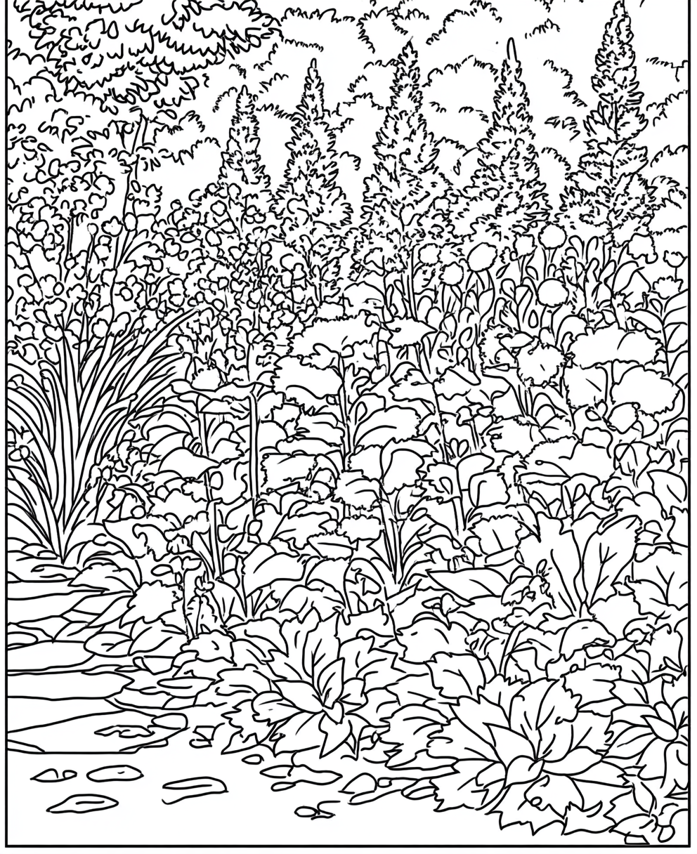 Simple garden coloring book page with bold outlines