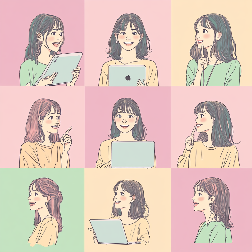 Simple illustration of Japanese woman with Mac computer.