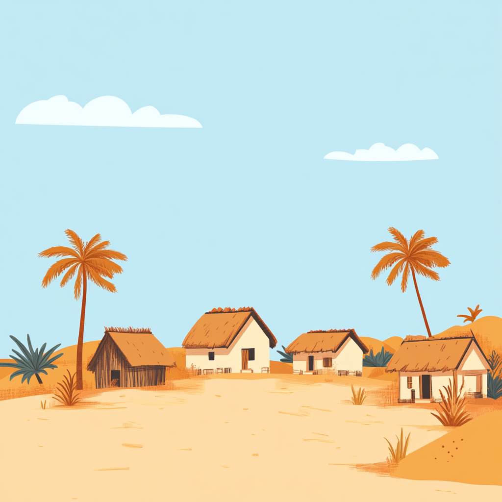 Simple illustration of Madagascar village with thatched roofs.