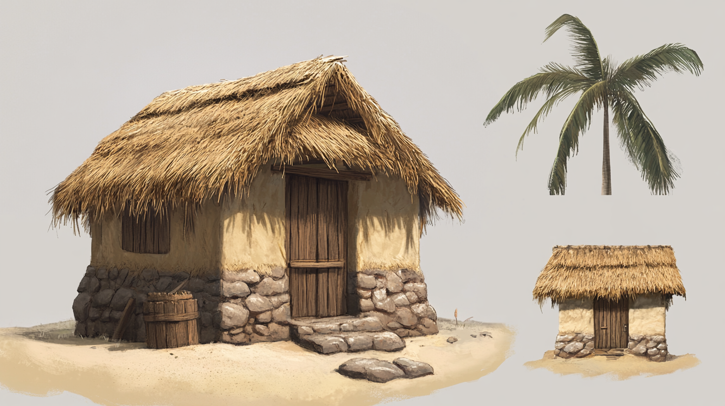 Simple island hut for resort servants, mud and sandstone walls, thatch roof.