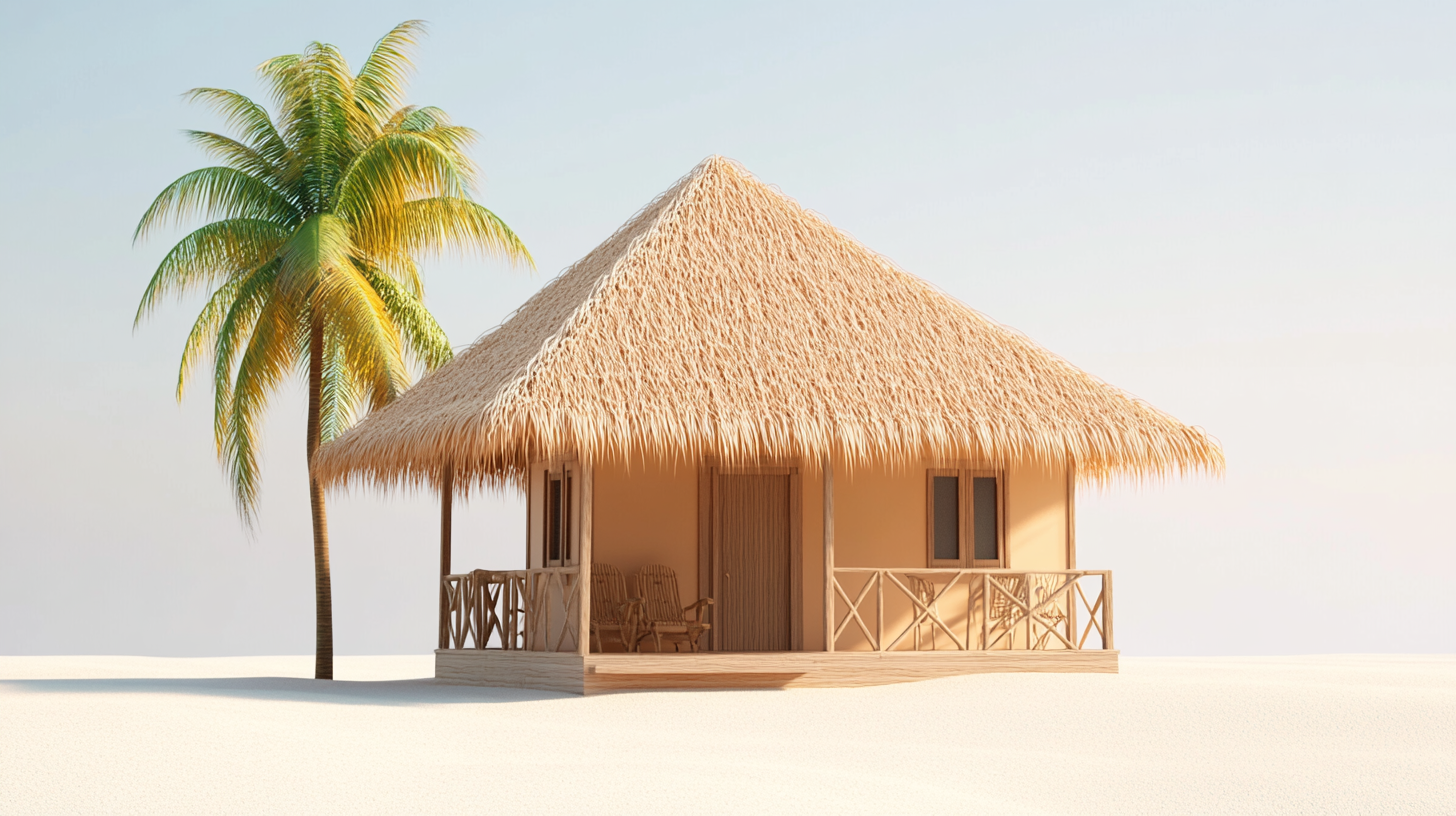 Simple island hut for resort servants with sand walls.