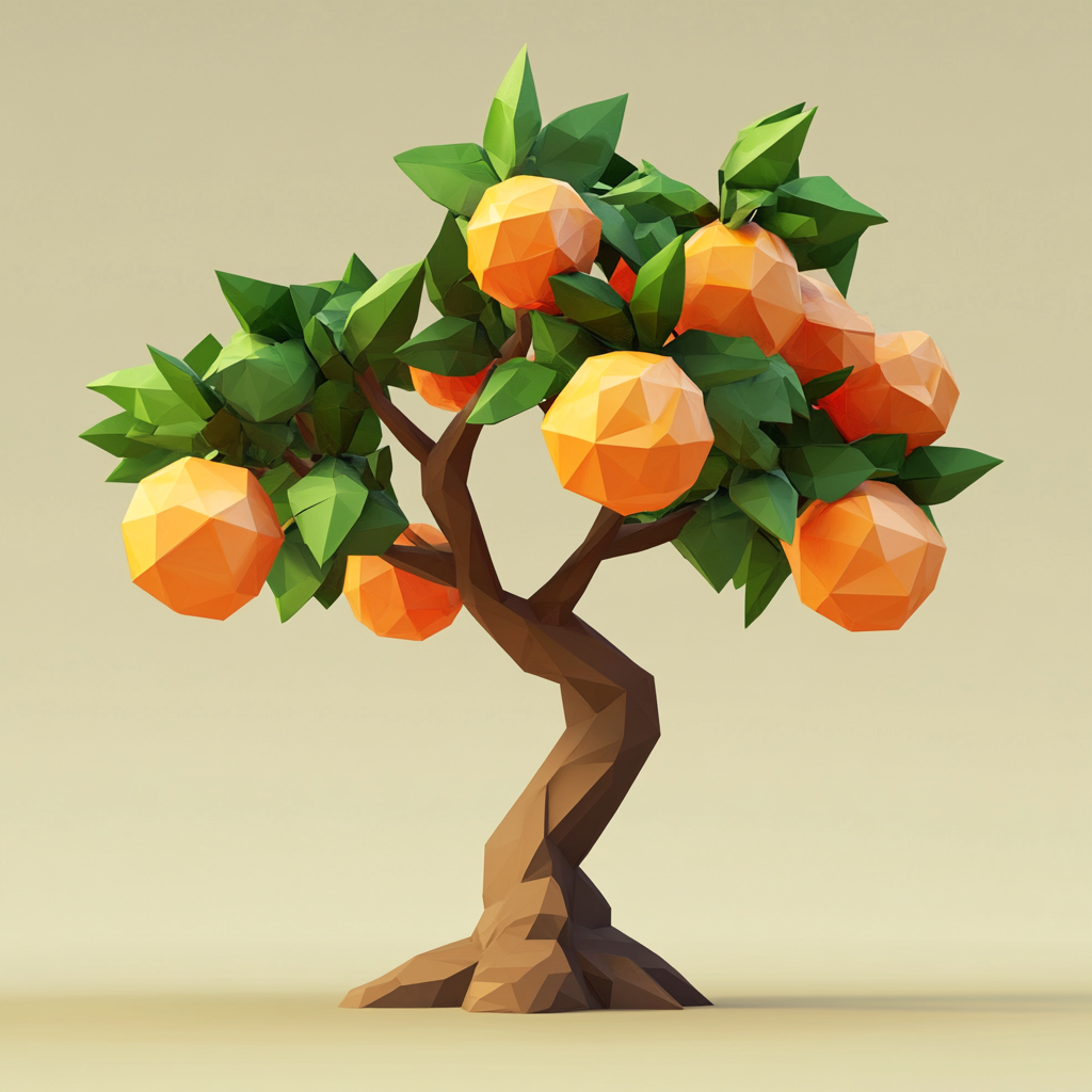 Simple low poly video game tree with fruits.