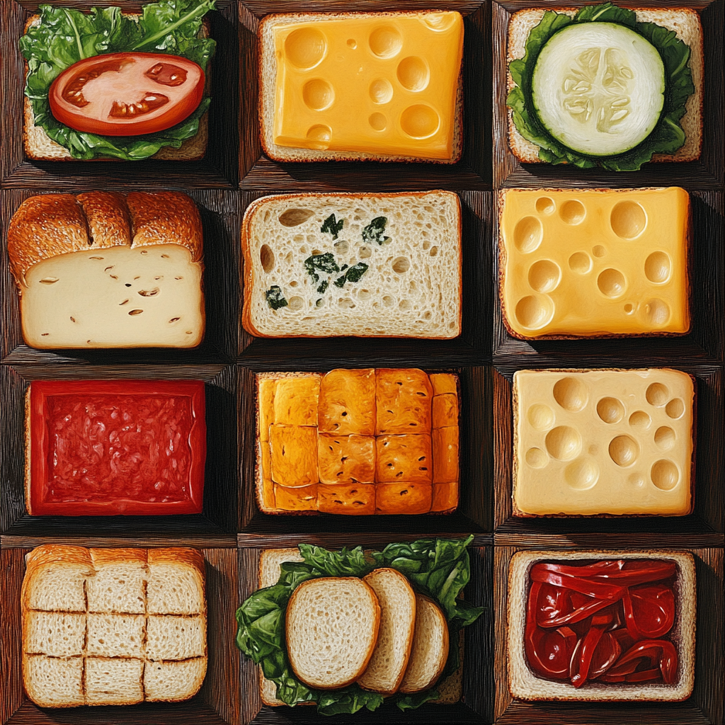 Simple wall art: bread, veggies, cheese in Subway restaurants.