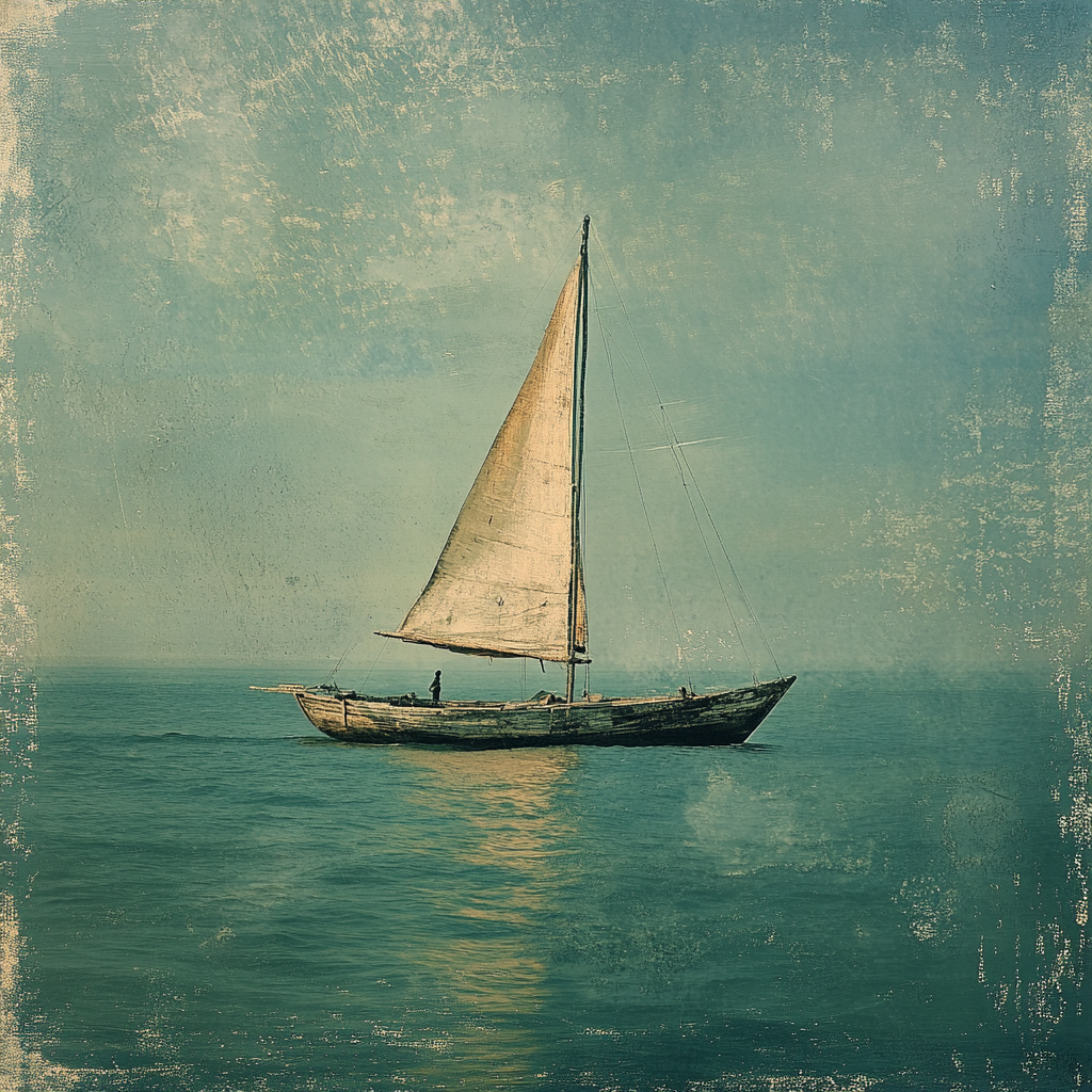 Simple wooden boat sailing on textured sea. Sky blends.