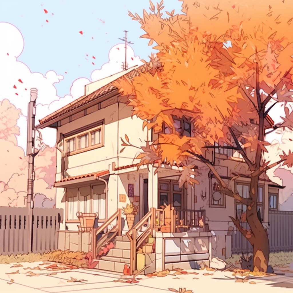 Simplistic anime drawing of Halloween-colored house.