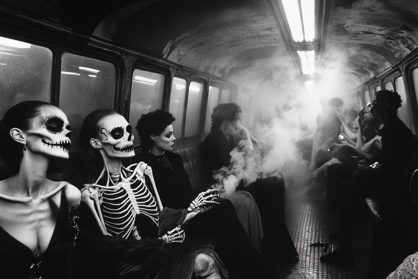 Sinful fashion models, skeletons, crowded subway wagon, cigarette smoke.