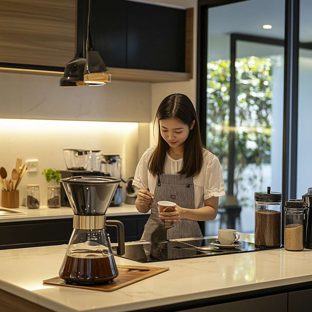 Singaporean woman making coffee on kitchen counter top.