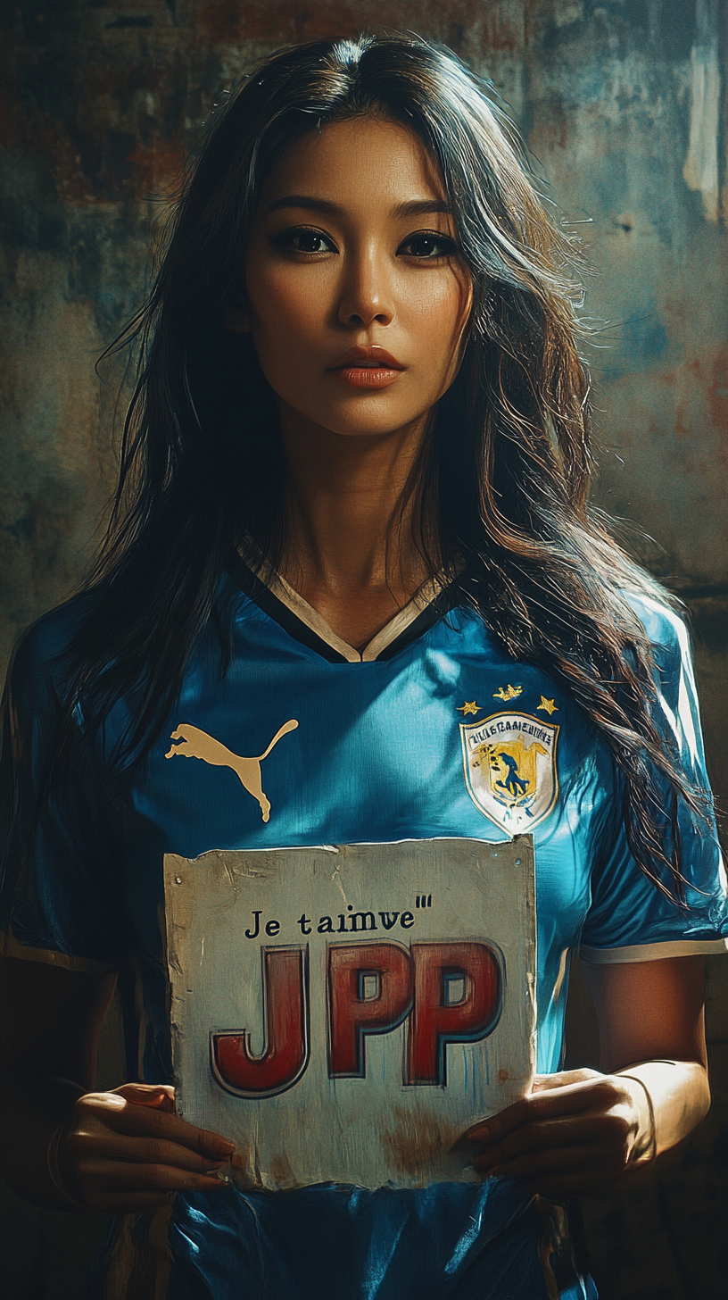 Singer Anggun in Olympique de Marseille jersey holding sign.