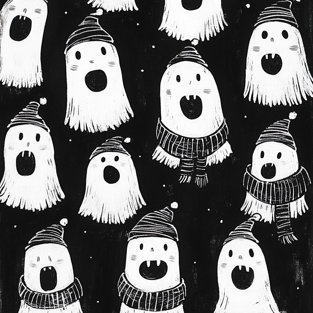 Singing Ghosts with Christmas Hats and Scarves