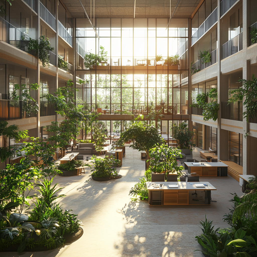 Single office room with central open space, greenery, windows.