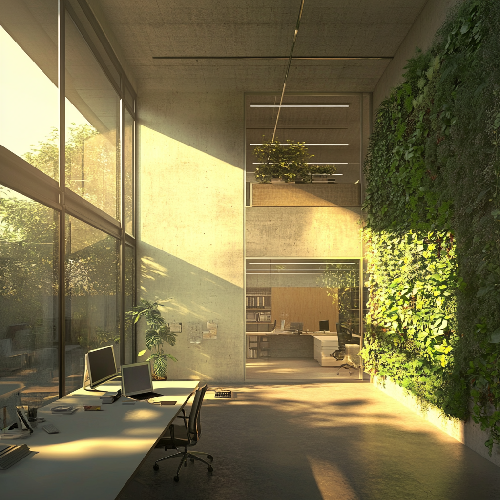 Single office room with open central space, greenery, windows.