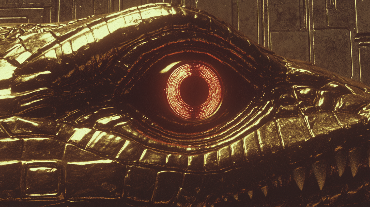 Sinister Crocodile Eye in Golden Shimmer: 1980s Movie Scene