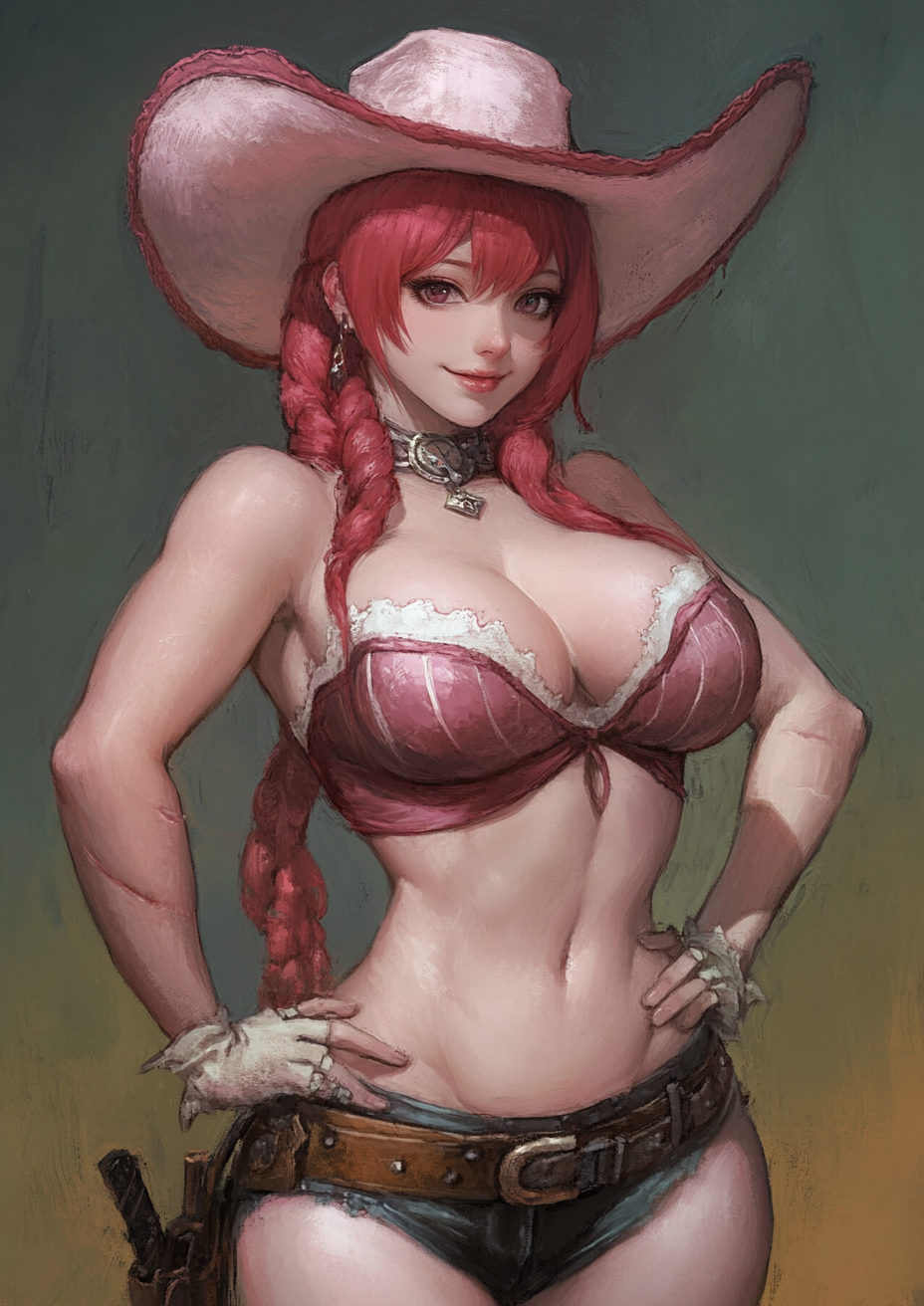 Sinister cowgirl in pink, red hair, strong jawline.