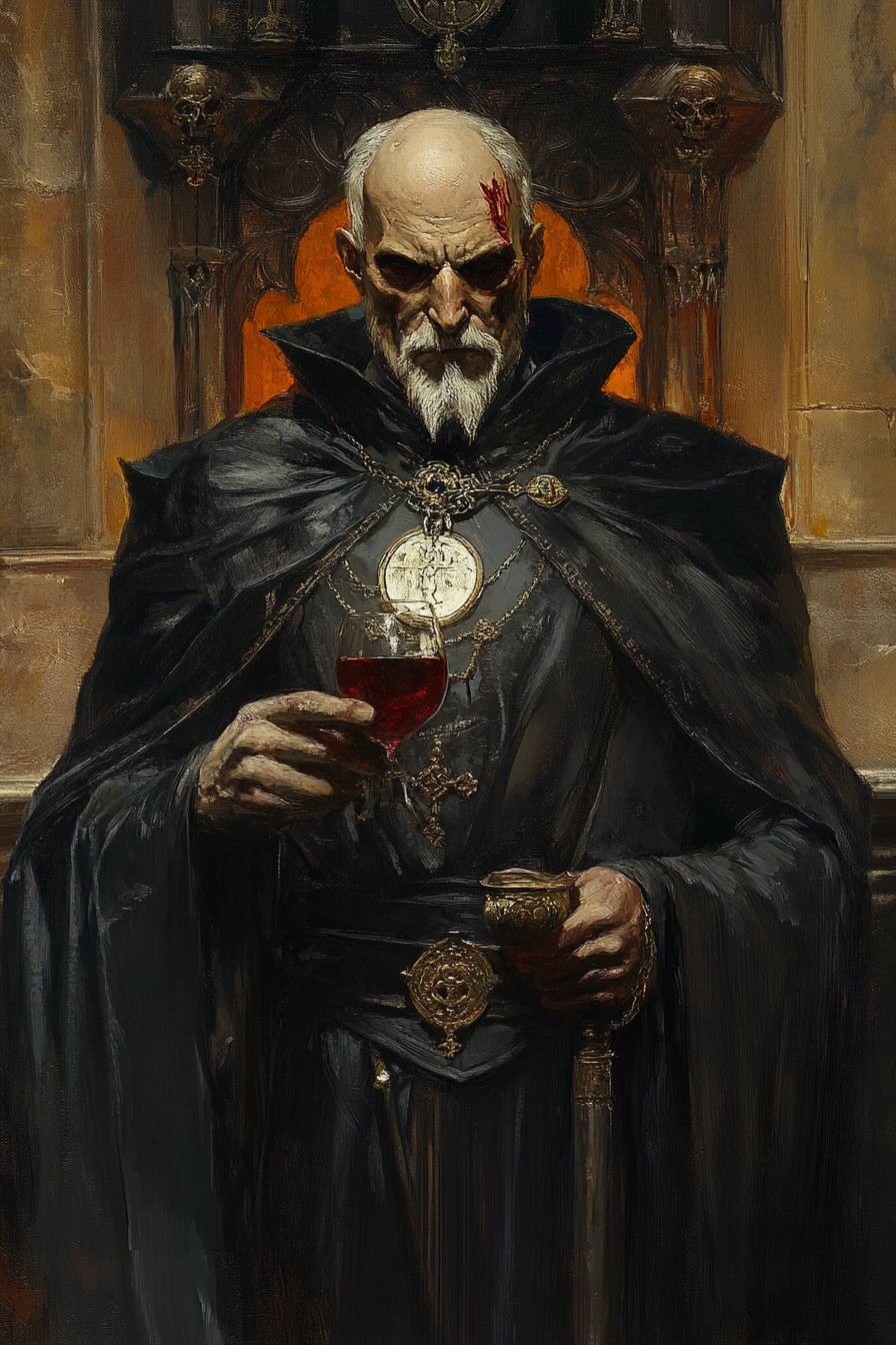 Sinister depiction of priest in various artistic styles portrait.