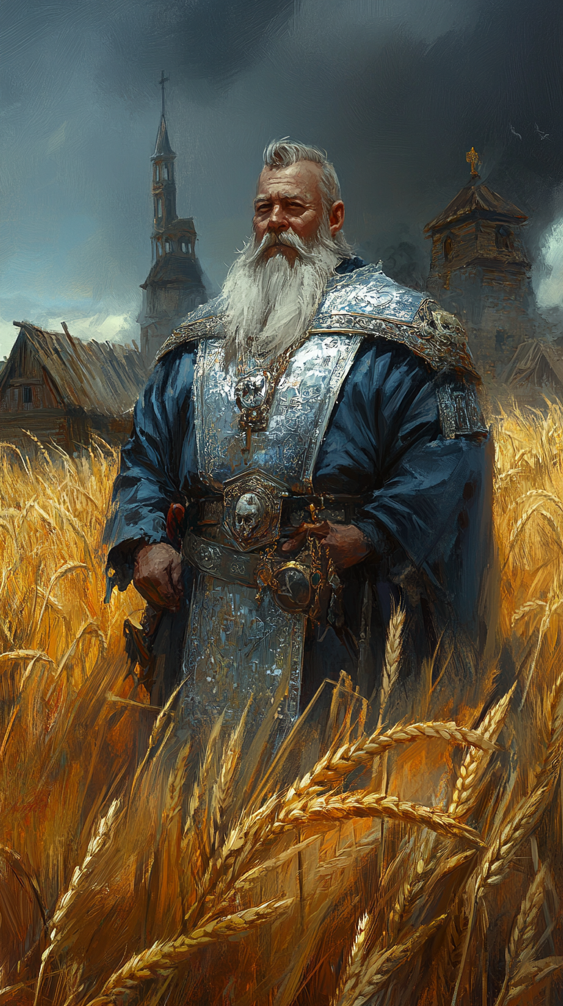 Sinister dwarf priest in wheat field at sunrise.