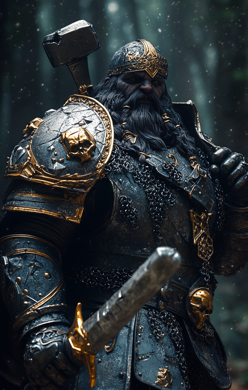 Sinister dwarven enforcer in black and gold armor.