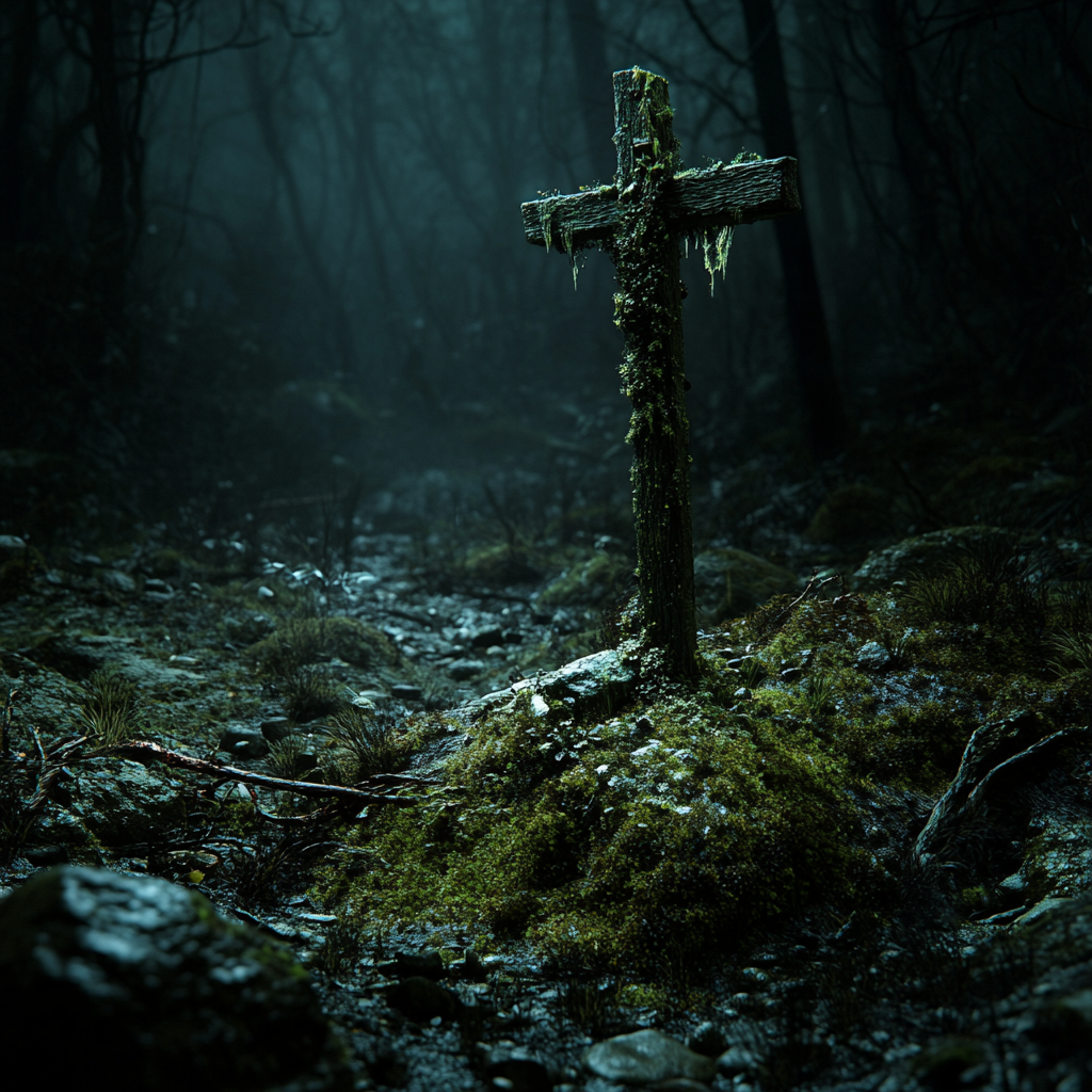 Sinister forest clearing with old mossy wooden cross grave