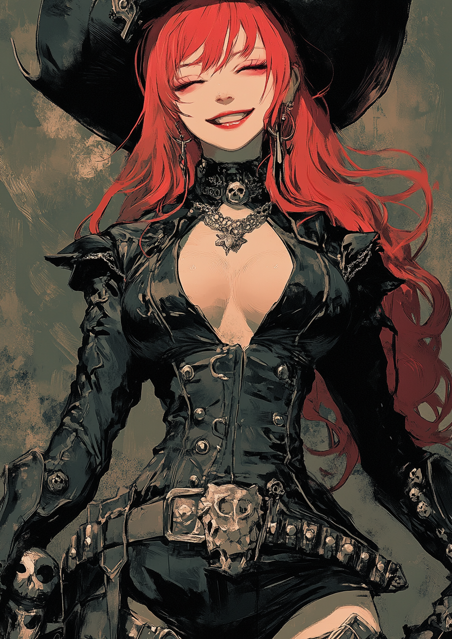 Sinister goth cowgirl with red hair and kitty ears.