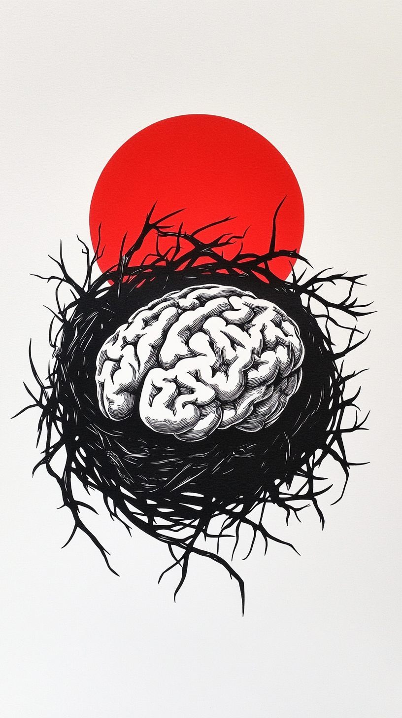 Sinister human brain surrounded by snakes, horror linocut.