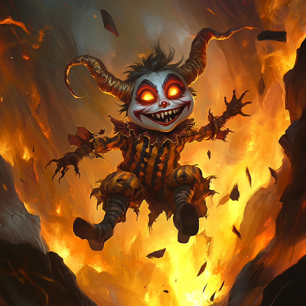 Sinister jester demon with fiery eyes in lava cavern.