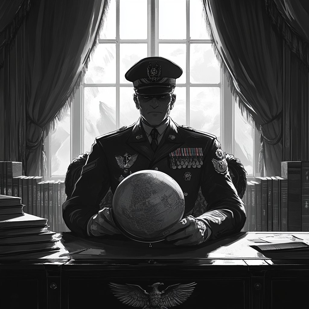 Sinister military cartoon character sits at his desk.