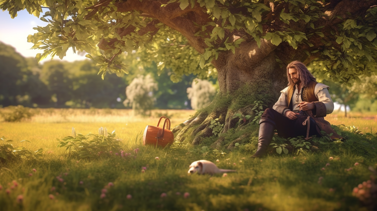 Sir Isaac Newton sitting under an apple tree calmly.