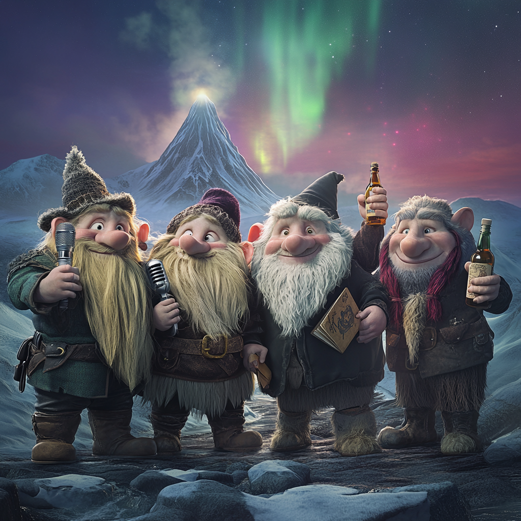 Six Icelandic Troll Characters Under Northern Lights