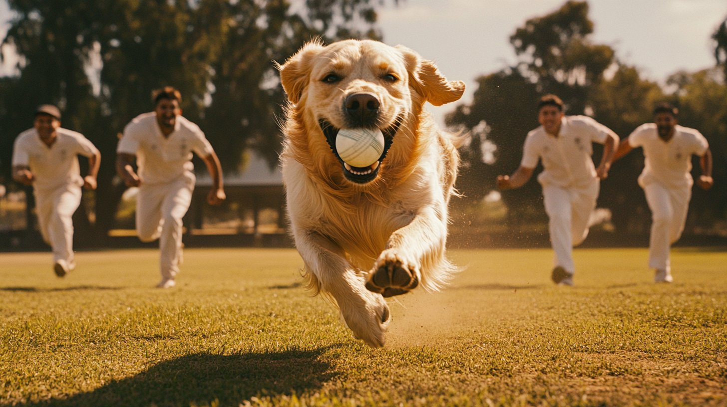 Six cricketers chasing golden retriever with cricket ball.