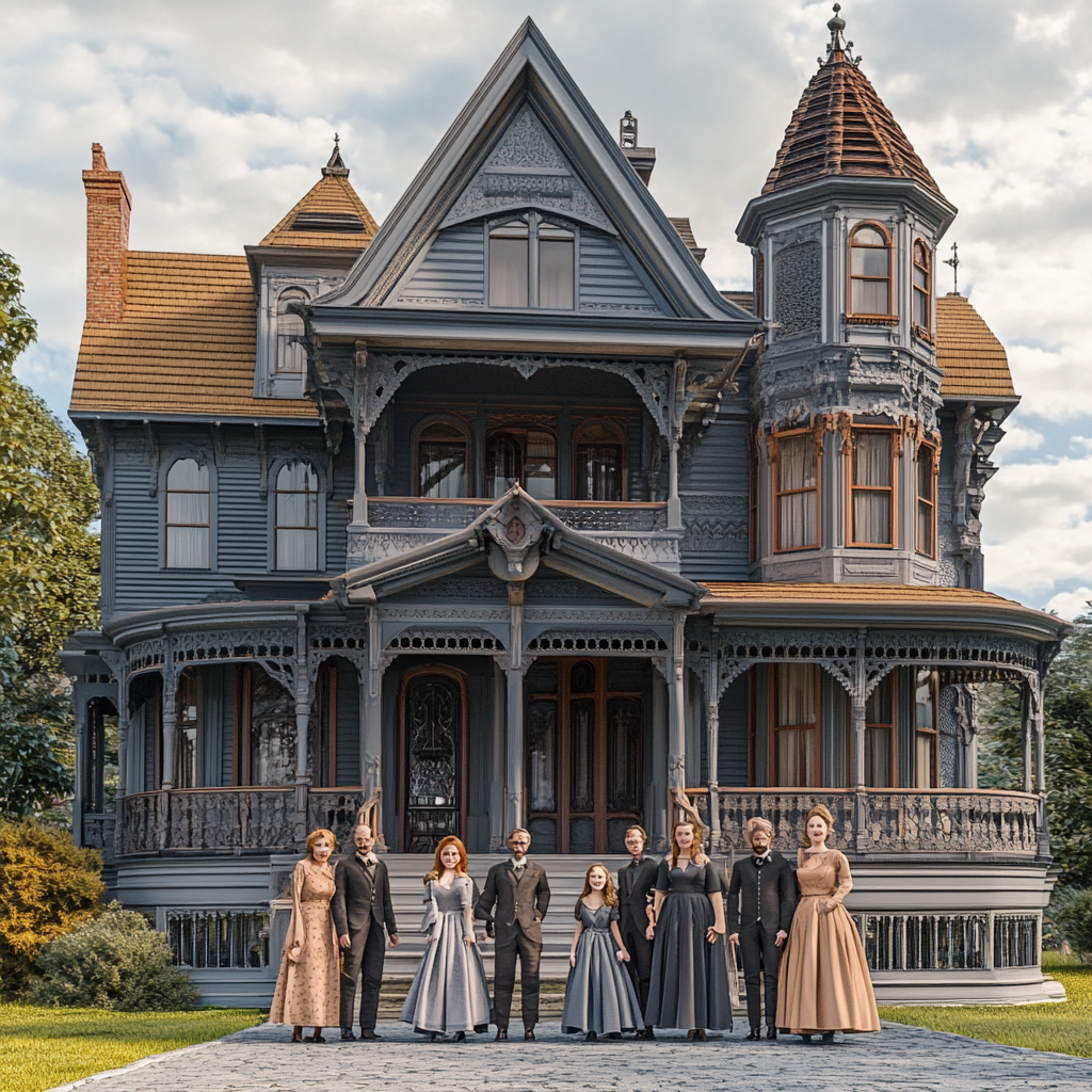 Six diverse housemates in modern clothes pose outside Victorian.