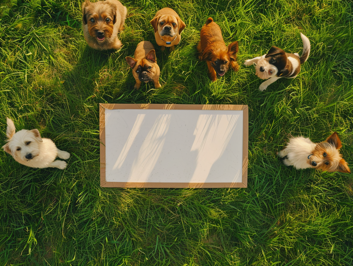 Six dogs next to campaign sign on green grass.