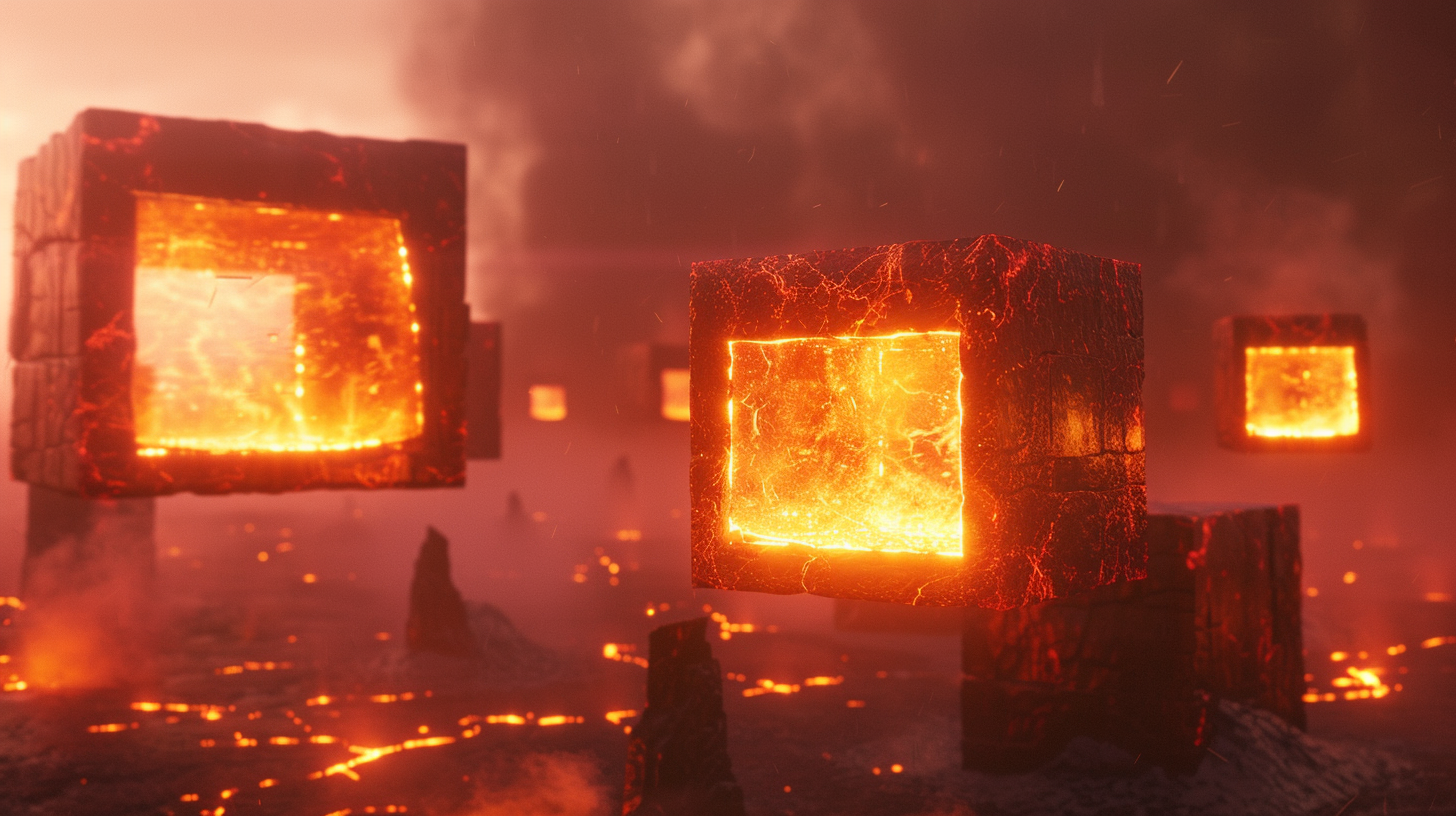 Six floating fiery squares on alien planet with ruins.